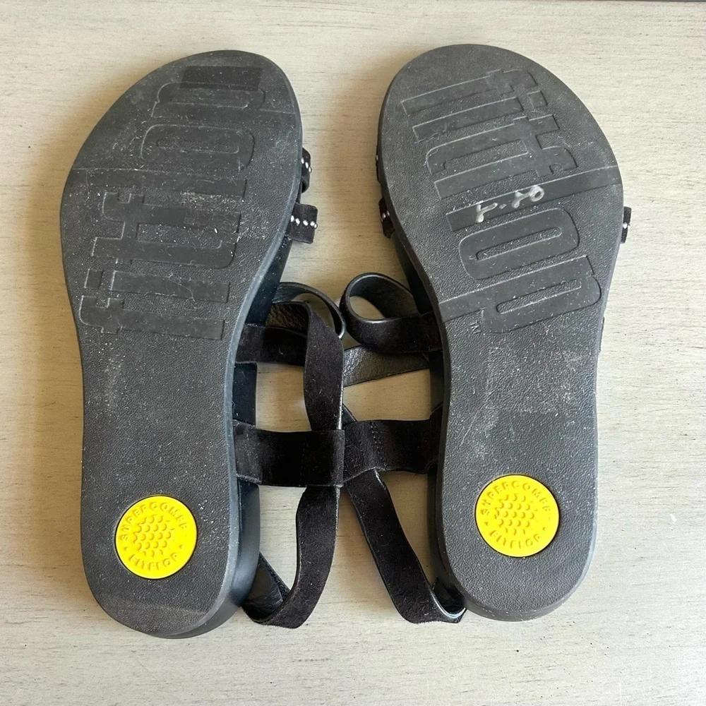 FitFlop Lumy Women Black Strappy Suede Studded Wedge Sandals Sz 8 Comfort